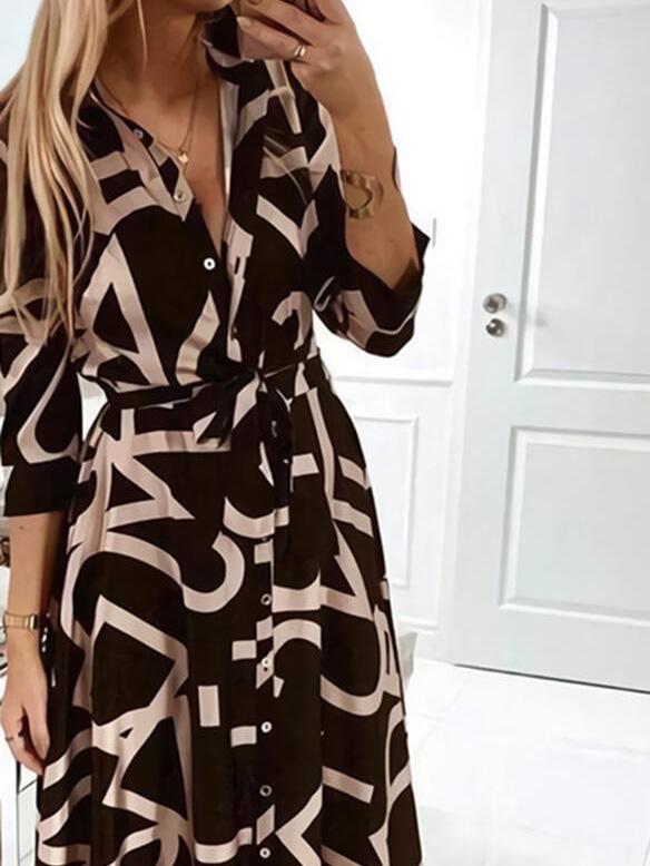 Dresses V-Neck Printed Long Sleeve Lace-Up Dress - LuckyFash™