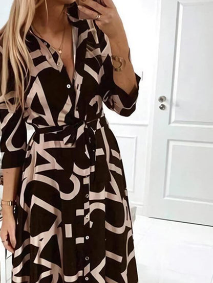 Dresses V-Neck Printed Long Sleeve Lace-Up Dress - LuckyFash™
