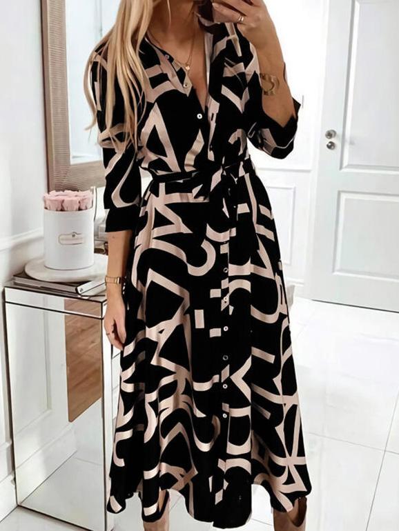Dresses V-Neck Printed Long Sleeve Lace-Up Dress - LuckyFash™