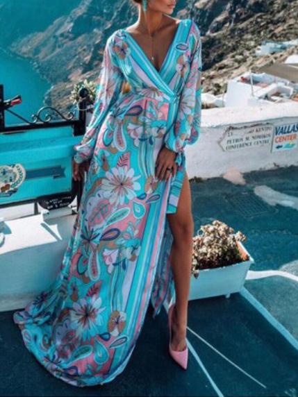 Women's Dresses V-Neck Printed Long Sleeve Split Dress - LuckyFash™