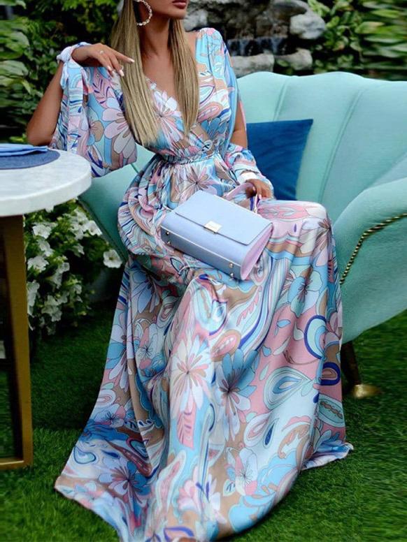Women's Dresses V-Neck Printed Long Sleeve Split Dress - LuckyFash™