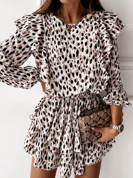 Women's Dresses V-Neck Printed Ruffled Belted Long Sleeve Dress - LuckyFash™