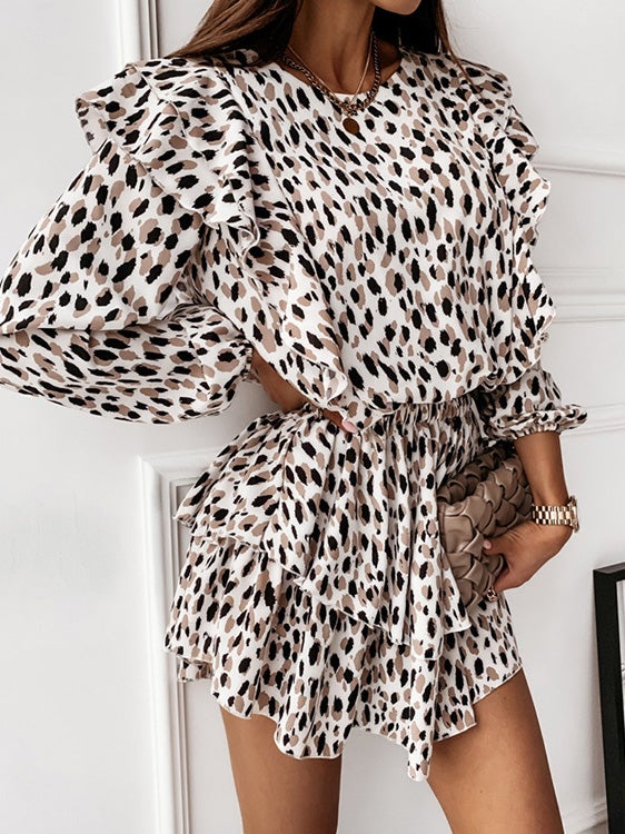 Women's Dresses V-Neck Printed Ruffled Belted Long Sleeve Dress - LuckyFash™