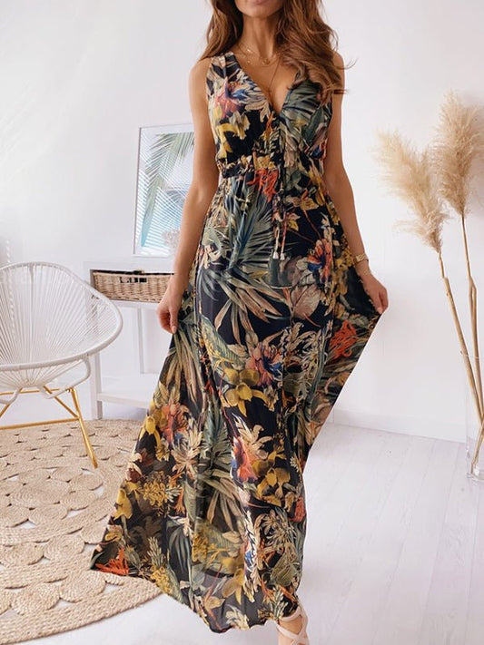 Dresses V Neck Printed Strap Maxi Dress - LuckyFash™