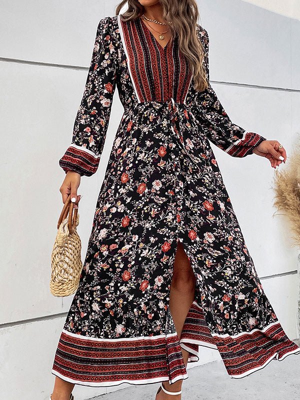 Dresses V-Neck Puff Sleeves Slit Boho Midi Dress - LuckyFash™