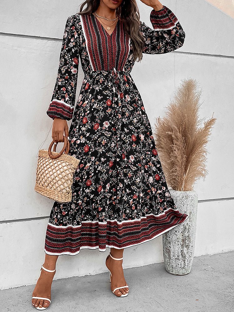 Dresses V-Neck Puff Sleeves Slit Boho Midi Dress - LuckyFash™