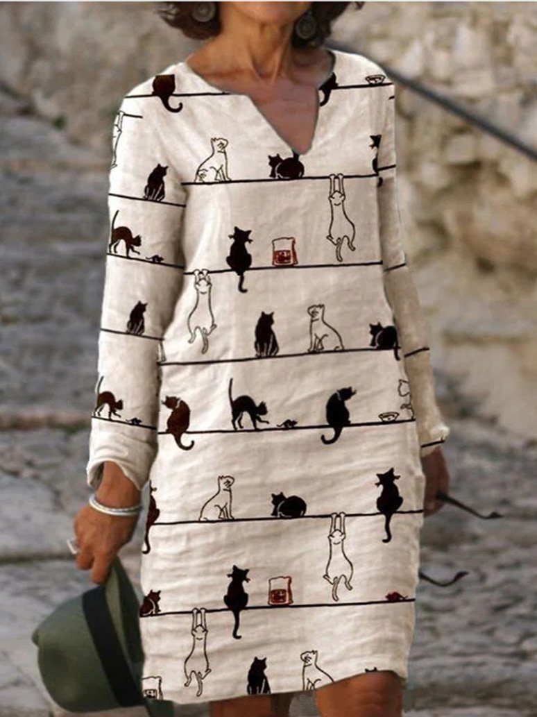 Women's Dresses V-Neck Retro Print Long Sleeve Casual Dress - LuckyFash™