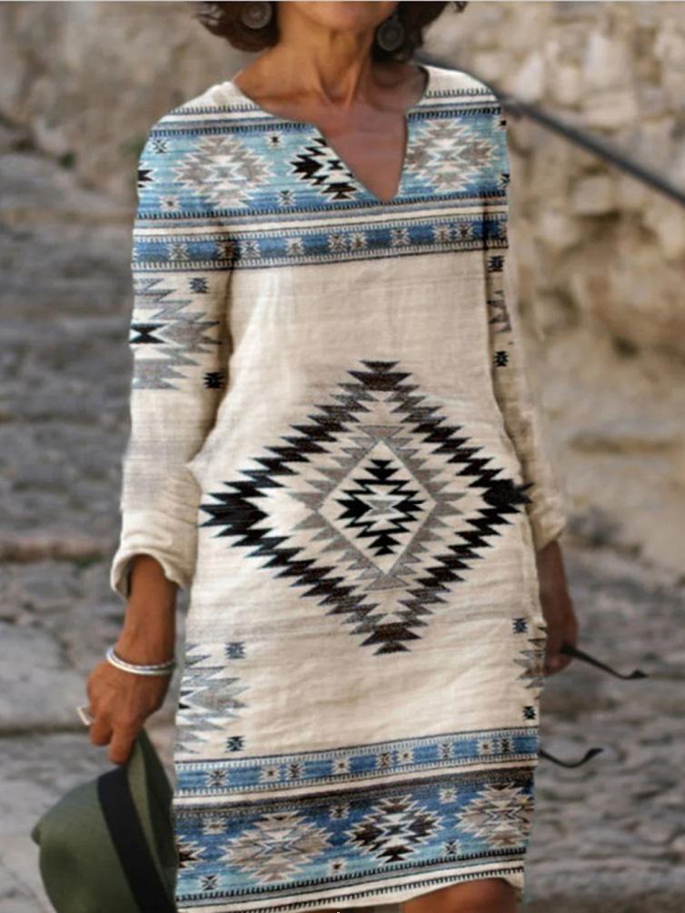 Women's Dresses V-Neck Retro Print Long Sleeve Casual Dress - LuckyFash™