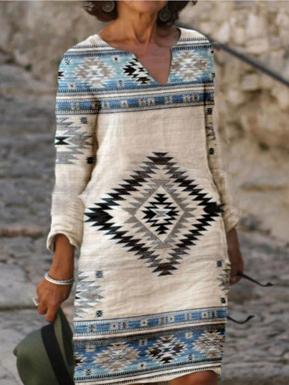 Women's Dresses V-Neck Retro Print Long Sleeve Casual Dress - LuckyFash™