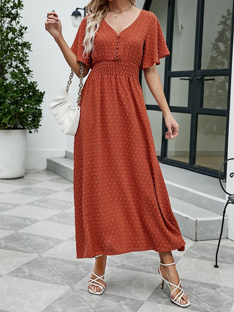 Dresses V-Neck Ruffled Sleeve Polka Dots Midi Dress - LuckyFash™