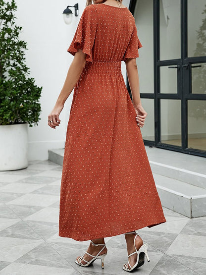 Dresses V-Neck Ruffled Sleeve Polka Dots Midi Dress - LuckyFash™