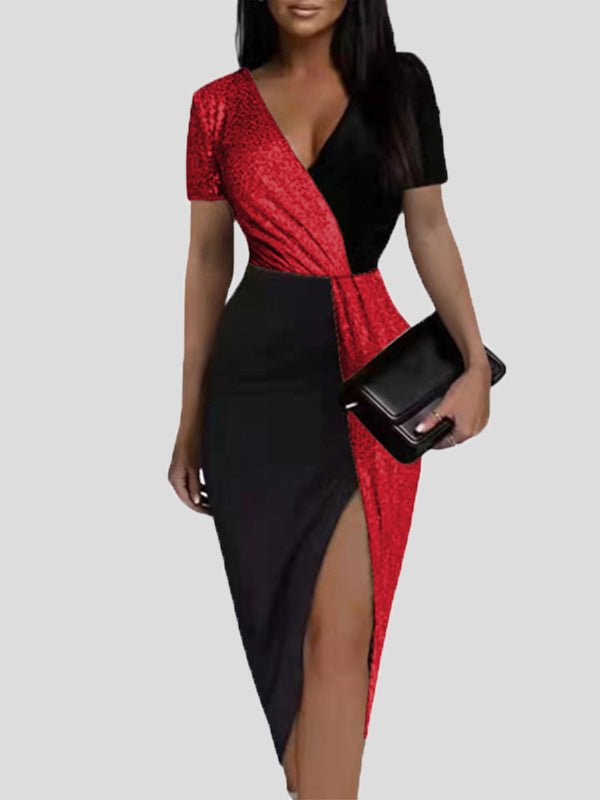 Dresses V-Neck Short Sleeve Slit Bodycon Dress - LuckyFash™