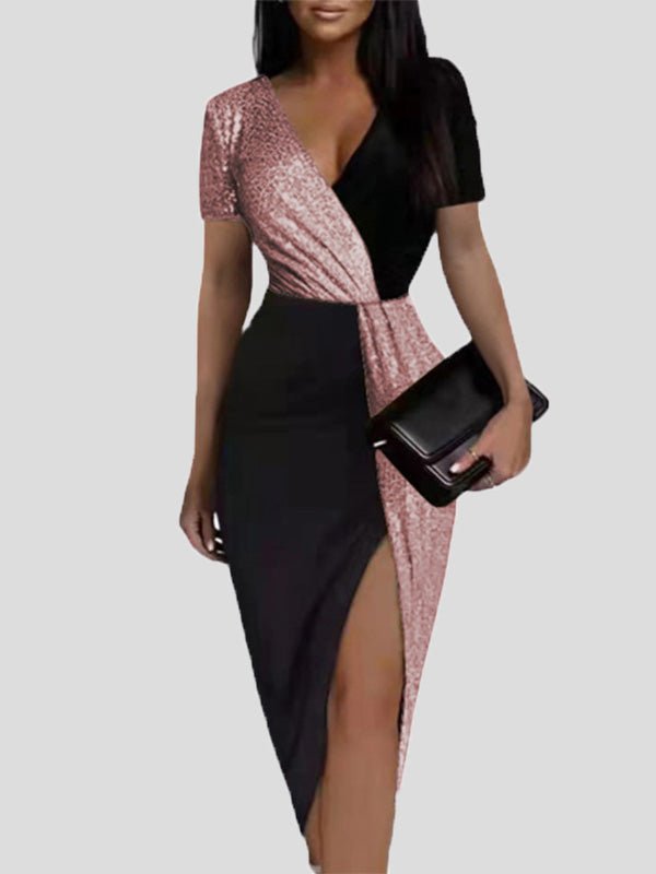 Dresses V-Neck Short Sleeve Slit Bodycon Dress - LuckyFash™