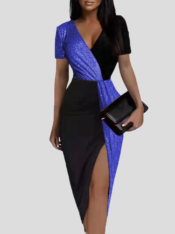 Dresses V-Neck Short Sleeve Slit Bodycon Dress - LuckyFash™