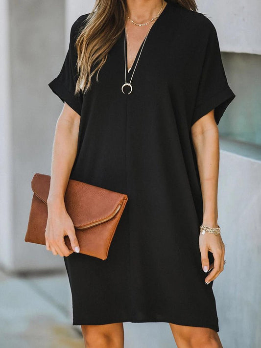 Dresses V-Neck Short Sleeve Solid Loose Mini Dress - LuckyFash™