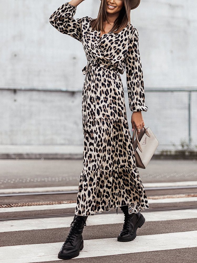 Dresses V Neck Strap Leopard Printed Midi Dress - LuckyFash™