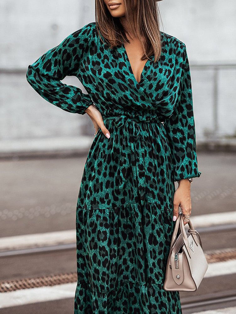 Dresses V Neck Strap Leopard Printed Midi Dress - LuckyFash™