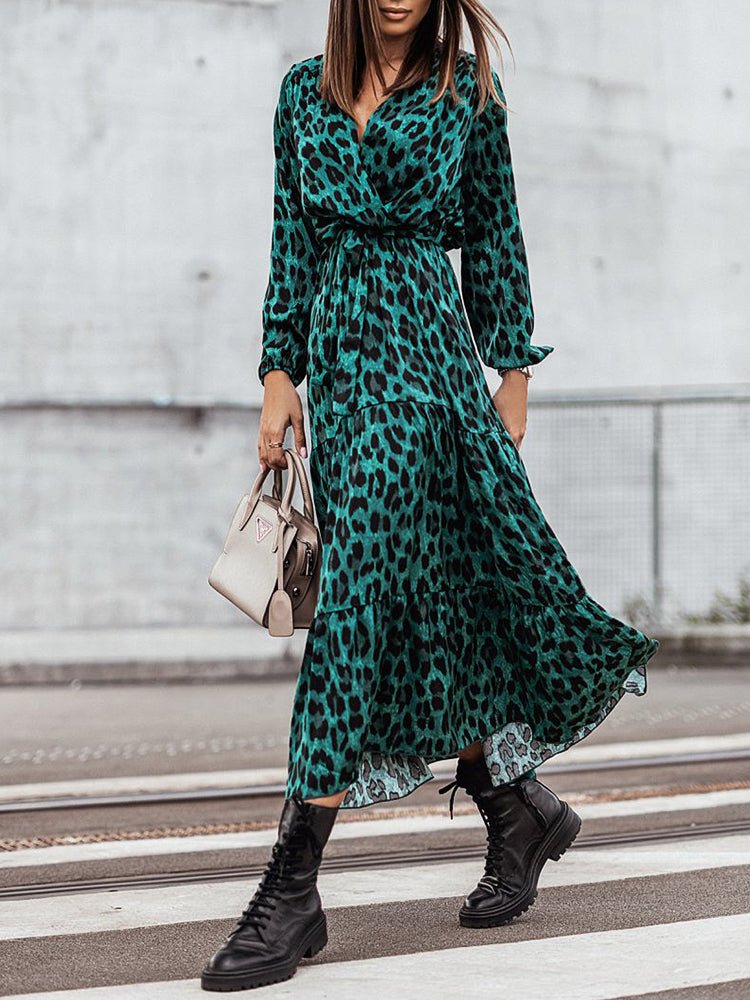 Dresses V Neck Strap Leopard Printed Midi Dress - LuckyFash™