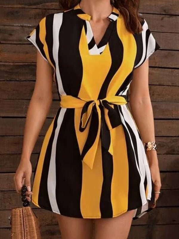 Dresses V-Neck Striped Short Sleeve Belt Dress - LuckyFash™