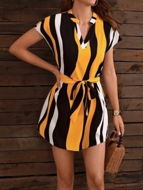 Dresses V-Neck Striped Short Sleeve Belt Dress - LuckyFash™