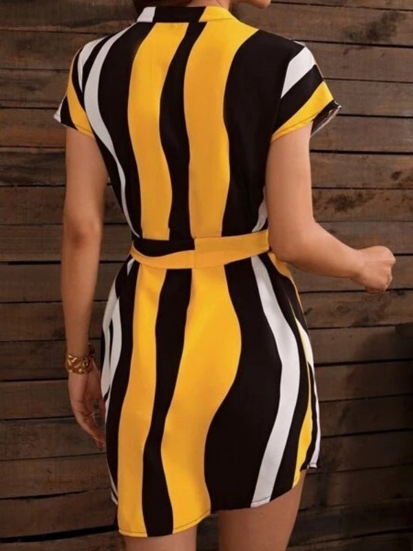 Dresses V-Neck Striped Short Sleeve Belt Dress - LuckyFash™