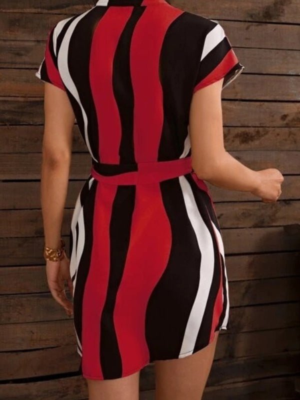 Dresses V-Neck Striped Short Sleeve Belt Dress - LuckyFash™