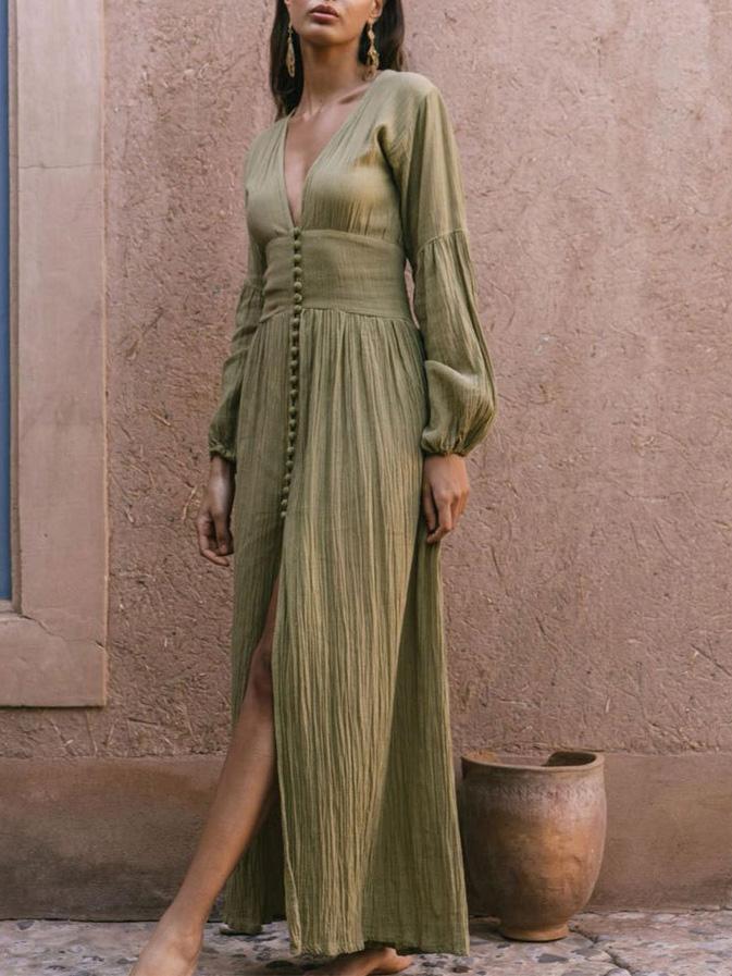 Women's Dresses Vintage Deep V-Neck Button Long Sleeve Dress - LuckyFash™
