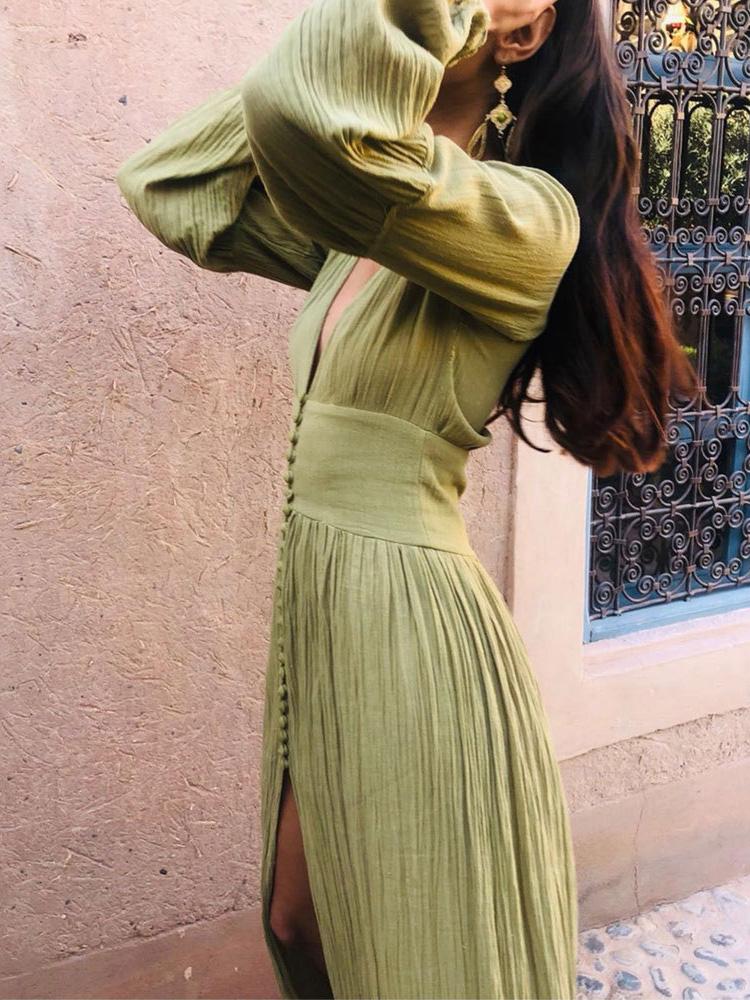 Women's Dresses Vintage Deep V-Neck Button Long Sleeve Dress - LuckyFash™