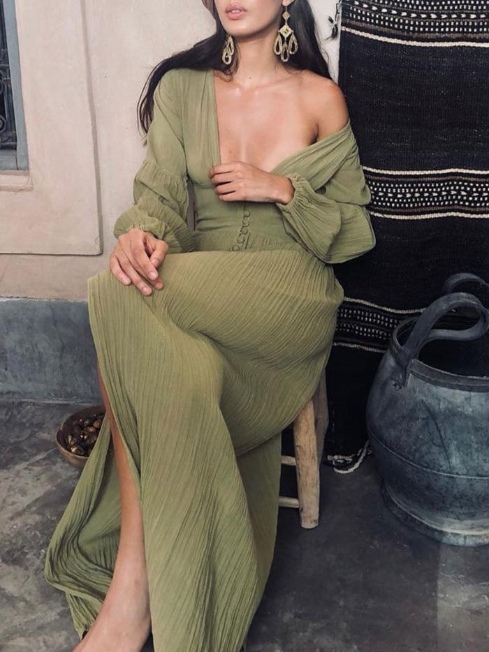 Women's Dresses Vintage Deep V-Neck Button Long Sleeve Dress - LuckyFash™