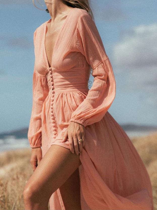 Women's Dresses Vintage Deep V-Neck Button Long Sleeve Dress - LuckyFash™