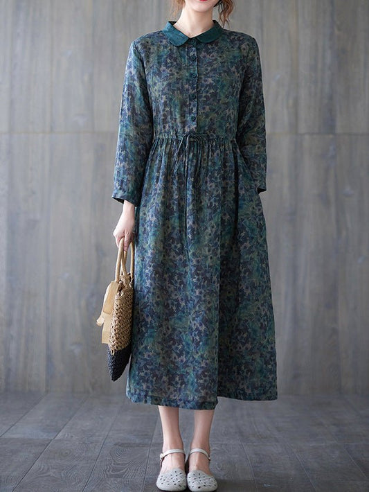 Dresses Vintage Print Button Elastic Waist Long Sleeve Dress - LuckyFash™