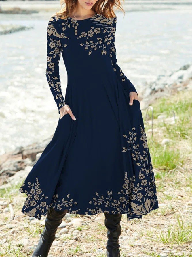 Dresses Vintage Print Pocket Long Sleeve Dress - LuckyFash™