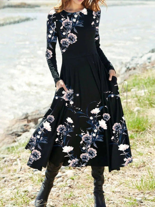 Dresses Vintage Print Pocket Long Sleeve Dress - LuckyFash™