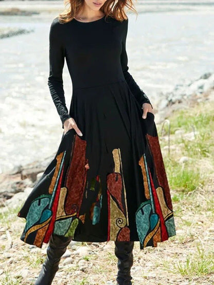 Dresses Vintage Print Pocket Long Sleeve Dress - LuckyFash™