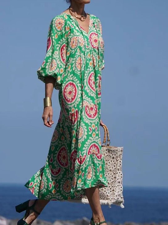 Dresses Vintage Print Puff Sleeve Maxi Dress - LuckyFash™