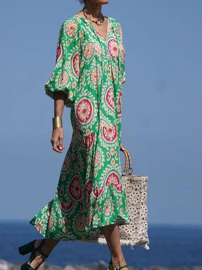 Dresses Vintage Print Puff Sleeve Maxi Dress - LuckyFash™