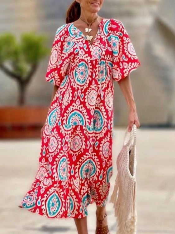 Dresses Vintage Print Puff Sleeve Maxi Dress - LuckyFash™