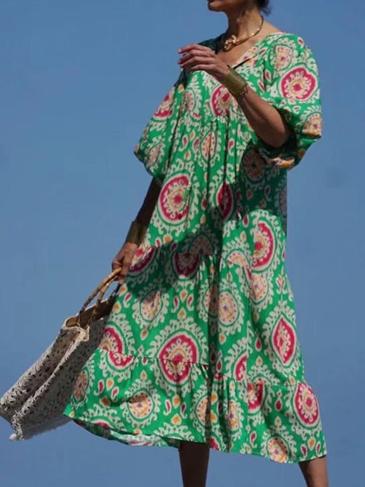 Dresses Vintage Print Puff Sleeve Maxi Dress - LuckyFash™