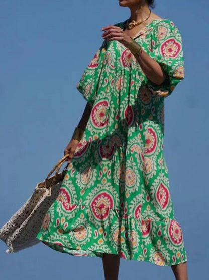 Dresses Vintage Print Puff Sleeve Maxi Dress - LuckyFash™
