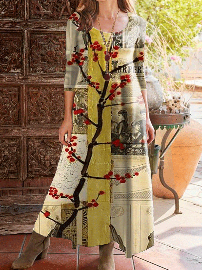 Women's Dresses Vintage Print Round Neck Three-Quarter Sleeve Dress - LuckyFash™