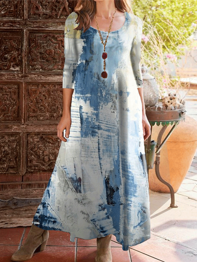 Women's Dresses Vintage Print Round Neck Three-Quarter Sleeve Dress - LuckyFash™