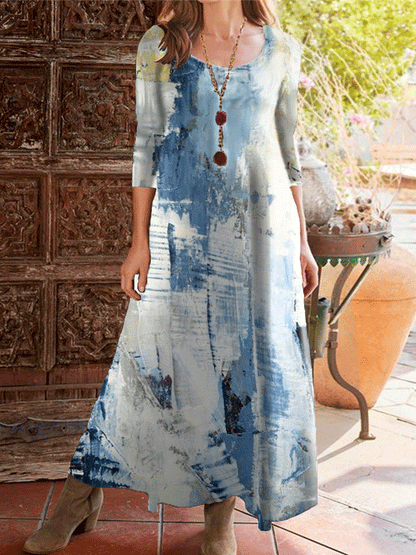 Women's Dresses Vintage Print Round Neck Three-Quarter Sleeve Dress - LuckyFash™