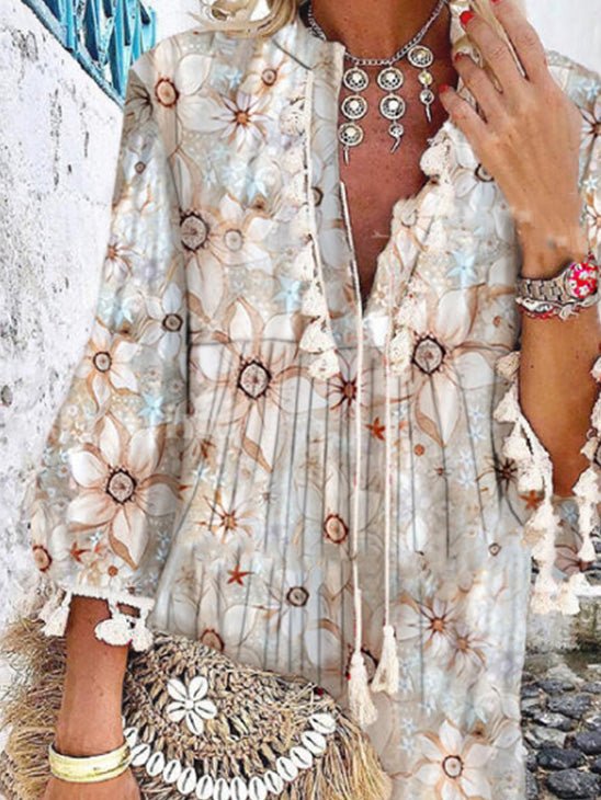 Dresses Vintage Print V-Neck Long Sleeve Fringe Dress - LuckyFash™