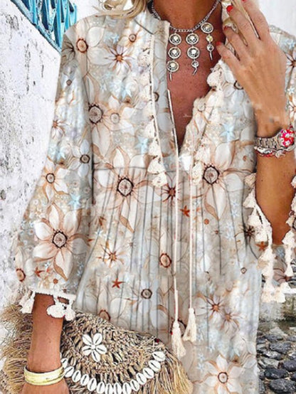 Dresses Vintage Print V-Neck Long Sleeve Fringe Dress - LuckyFash™
