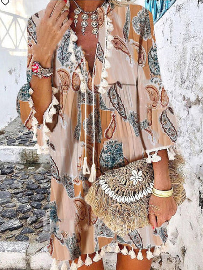 Dresses Vintage Print V-Neck Long Sleeve Fringe Dress - LuckyFash™