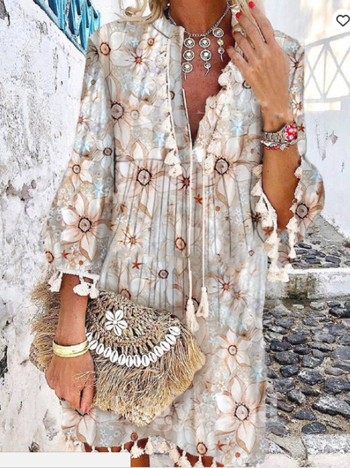 Dresses Vintage Print V-Neck Long Sleeve Fringe Dress - LuckyFash™
