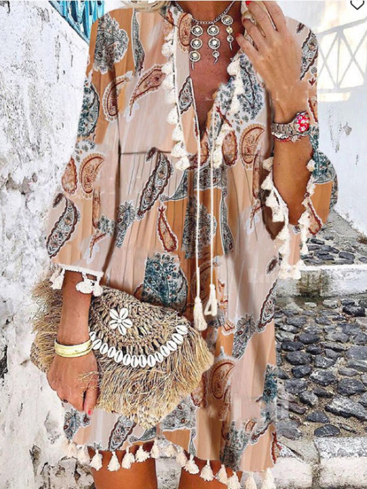 Dresses Vintage Print V-Neck Long Sleeve Fringe Dress - LuckyFash™