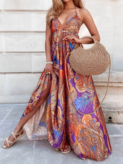 Dresses Vintage Print V-Neck Sling Swing Dress - LuckyFash™