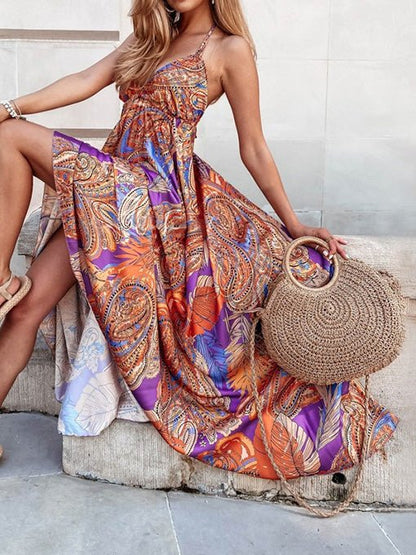 Dresses Vintage Print V-Neck Sling Swing Dress - LuckyFash™