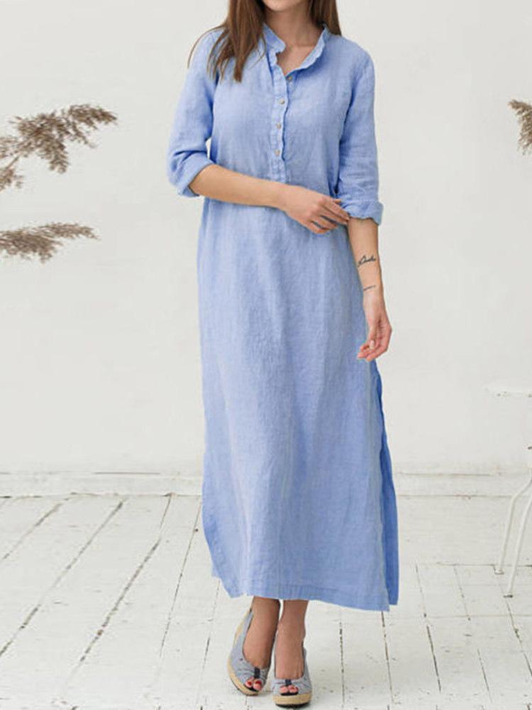 Women's Dresses Vintage Stand Collar Long Sleeve Button Shirt Dress - LuckyFash™